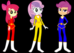 Size: 2985x2160 | Tagged: safe, artist:ajosterio, artist:schwarzejack25, editor:jbrony, apple bloom, scootaloo, sweetie belle, human, equestria girls, g4, apple bloom's bow, black background, bow, female, hair bow, power rangers, power rangers zeo, simple background, super sentai, trio, trio female