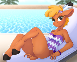 Size: 3866x3120 | Tagged: safe, artist:pearlyiridescence, little strongheart, buffalo, anthro, unguligrade anthro, g4, ass, blushing, breasts, butt, chair, clothes, cloven hooves, feather, female, headband, one-piece swimsuit, solo, summer, swimming pool, swimsuit