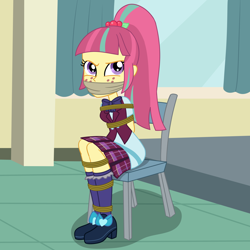 Size: 2000x2000 | Tagged: safe, artist:nie-martw-sie-o-mnie, part of a set, sour sweet, human, equestria girls, g4, bondage, bound and gagged, chair, cloth gag, clothes, crystal prep academy uniform, female, femsub, freckles, gag, ponytail, ribbon bow tie, rope, rope bondage, school uniform, shoes, sitting, skirt, socks, solo, soursub, submissive, vest