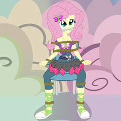 Size: 2500x2500 | Tagged: safe, artist:nie-martw-sie-o-mnie, part of a set, fluttershy, human, equestria girls, equestria girls specials, g4, my little pony equestria girls: dance magic, bondage, bound and gagged, butterfly hairpin, chair, cleave gag, cloth gag, clothes, female, femsub, fluttersub, gag, leggings, rope, rope bondage, sitting, skinny, solo, spread legs, spreading, submissive, thin, tied to chair