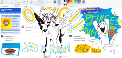 Size: 1882x902 | Tagged: safe, artist:azaani, derpy hooves, pegasus, pony, g4, blush scribble, blushing, female, food, hooves in air, mare, ms paint, muffin, myspace, open mouth, open smile, pixel-crisp art, simple background, smiling, solo, text, white background