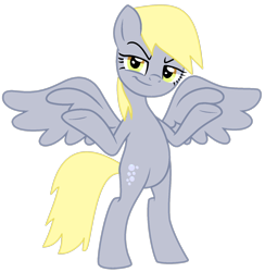 Size: 1470x1505 | Tagged: safe, alternate version, artist:savage-bases, artist:twilyisbestpone, derpy hooves, pegasus, pony, g4, alicorn wings, base used, bipedal, evil smile, female, grin, looking at you, mare, shrug, simple background, smiling, smug, solo, spread wings, transparent background, underp, wings