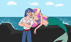 Size: 1024x614 | Tagged: safe, artist:ocean lover, princess cadance, shining armor, human, mermaid, g4, bare shoulders, beach, beautiful, belly, belly button, blue eyes, blue hair, boulder, bra, breasts, cleavage, clothes, cloud, couple, crossed arms, curvy, disney, disney princess, disney style, female, fins, fish tail, hand on face, hourglass figure, humanized, in love, looking at each other, looking at someone, lying down, male, male and female, mermaid princess, mermaid tail, mermaidized, multicolored hair, ocean, outdoors, pants, prince eric, princess ariel, purple eyes, rock, romance, romantic, seashell, seashell bra, ship:shiningcadance, shipping, shirt, sky, smiling, smiling at each other, species swap, splashing, straight, tail, tail fin, the little mermaid, three toned hair, underwear, water, wave