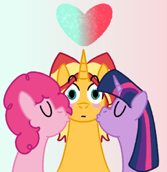 Size: 1244x1279 | Tagged: safe, artist:zoeyhorse, pinkie pie, sunset shimmer, twilight sparkle, alicorn, earth pony, pony, unicorn, g4, blush sticker, blushing, cheek kiss, eeee, eyes closed, female, gradient background, heart, horn, kiss sandwich, kissing, kissy face, lesbian, mare, polyamory, ship:sunsetpie, ship:sunsetsparkle, shipping, trio, trio female, twilight sparkle (alicorn)