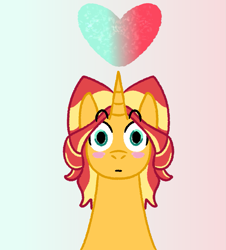 Size: 1131x1253 | Tagged: safe, artist:zoeyhorse, sunset shimmer, pony, unicorn, g4, blush sticker, blushing, eyebrows, eyebrows visible through hair, gradient background, heart, horn, looking at you, solo