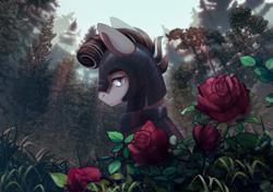 Size: 2480x1748 | Tagged: safe, artist:glumarkoj, oc, oc only, oc:iron rose, earth pony, armor, blue eyes, commission, detailed background, earth pony oc, flower, forest, helmet, lidded eyes, looking at you, looking back, looking back at you, male, male oc, nature, rose, scar, solo, stallion, stallion oc, tree, ych result