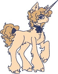 Size: 495x631 | Tagged: safe, artist:junniepiepoopop, oc, oc only, pony, unicorn, ambiguous gender, beauty mark, blonde eyelashes, blonde mane, blonde tail, bow, chest fluff, colored eyelashes, colored sclera, concave belly, cream coat, cream sclera, curly mane, curly tail, ear fluff, ear piercing, earring, eye clipping through hair, eyelashes, fetlock tuft, fluffy, frown, gauges, hock fluff, horn, jewelry, long horn, looking back, missing cutie mark, neck ribbon, piercing, profile, purple eyes, purple pupils, raised hoof, shoulder fluff, simple background, solo, standing, standing on three hooves, tail, tail accessory, tail bow, tied tail, unicorn horn, unicorn oc, unshorn fetlocks, white background