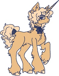 Size: 495x631 | Tagged: safe, artist:junniepiepoopop, oc, oc only, pony, unicorn, ambiguous gender, beauty mark, blonde eyelashes, blonde mane, blonde tail, bow, chest fluff, colored eyelashes, colored hooves, colored sclera, concave belly, cream hooves, cream sclera, curly mane, curly tail, ear fluff, ear piercing, earring, eye clipping through hair, eyelashes, fetlock tuft, fluffy, frown, gauges, hock fluff, hooves, horn, jewelry, long horn, looking back, missing cutie mark, neck ribbon, piercing, profile, purple eyes, purple pupils, raised hoof, shoulder fluff, simple background, solo, standing, standing on three hooves, tail, tail accessory, tail bow, tied tail, unicorn horn, unicorn oc, unshorn fetlocks, white background, yellow coat