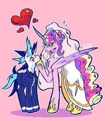 Size: 2899x3336 | Tagged: safe, artist:riyalumpia, princess cadance, shining armor, alicorn, pony, unicorn, g4, blushing, bowtie, clothes, dress, duo, duo female, female, floating heart, heart, high res, hoof on chin, horn, lidded eyes, looking at each other, looking at someone, male, mare, meme, necktie, pink background, ship:shiningcadance, shipping, simple background, smiling, smiling at each other, straight, the bride and the ugly ass groom, tuxedo, veil, wedding dress, wedding veil