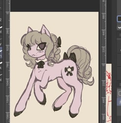 Size: 726x739 | Tagged: safe, artist:junniepiepoopop, pony, unicorn, art program in frame, black hooves, blush scribble, blushing, bow, brown eyes, colored hooves, colored sketch, cream coat, curly mane, curly tail, eye clipping through hair, fear and hunger 2, female, gray mane, gray tail, hair accessory, hair bow, hooves, horn, mane accessory, mare, marina (fear and hunger), missing horn, mole, no catchlights, no pupils, ponified, raised hoof, sailor collar, sketch, smiling, solo, standing on three hooves, tail, tail accessory, tail bow