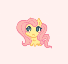 Size: 225x212 | Tagged: safe, artist:junniepiepoopop, fluttershy, pegasus, pony, g4, :<, blush lines, blushing, chibi, colored, cute, eyelashes, female, flat colors, frown, looking away, mare, pink background, pink mane, pink tail, requested art, sad chubby, shyabetes, simple background, smol, solo, standing, tail, teal eyes, wavy mane, wavy tail, wingless, yellow coat