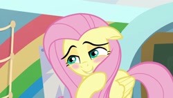 Size: 1920x1088 | Tagged: safe, screencap, fluttershy, pegasus, pony, g4, my little pony: friendship is magic, season 9, she's all yak, blush sticker, blushing, cute, female, hair covering face, mare, school of friendship, shyabetes, solo