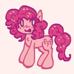 Size: 296x296 | Tagged: safe, artist:junniepiepoopop, pinkie pie, earth pony, pony, g4, alternate design, big hooves, blue eyes, blush scribble, blushing, chest fluff, colored, curly mane, curly tail, dot eyes, eye clipping through hair, eyelashes, female, flat colors, looking back, mare, pink coat, pink mane, pink tail, requested art, smiling, solo, standing, tail, tongue out