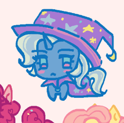 Size: 295x293 | Tagged: safe, artist:junniepiepoopop, fluttershy, pinkie pie, trixie, pony, unicorn, g4, :<, big hat, blue coat, blue eyes, blue mane, blue tail, blush sticker, blushing, brooch, cape, chibi, clothes, cute, diatrixes, eye clipping through hair, eyelashes, female, hat, horn, jewelry, mare, pink background, requested art, simple background, smol, solo focus, standing, striped mane, striped tail, tail, trixie's brooch, trixie's cape, trixie's hat, two toned eyes, two toned mane, two toned tail, unicorn horn