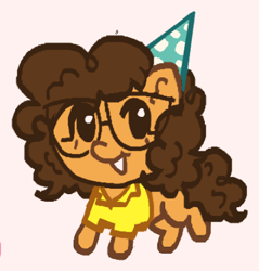 Size: 438x459 | Tagged: safe, artist:junniepiepoopop, cheese sandwich, earth pony, pony, g4, brown mane, brown tail, chibi, clothes, collared shirt, colored, colored lineart, curly mane, curly tail, cute, diacheeses, dot eyes, flat colors, hat, male, missing cutie mark, open mouth, open smile, party hat, pink background, raised leg, requested art, shirt, simple background, smiling, solo, stallion, t-shirt, tail, yellow shirt