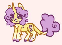 Size: 471x340 | Tagged: safe, artist:junniepiepoopop, sunshine petals, pony, unicorn, g4, :<, alternate design, alternate hairstyle, alternate tailstyle, background pony, chest fluff, chibi, coat markings, colored chest fluff, colored eartips, colored hooves, colored tailtip, crying, curly mane, curly tail, curved horn, facial markings, frown, green eyes, hock fluff, hooves, horn, leonine tail, pink background, purple hooves, purple mane, purple tail, requested art, scar, self harm, self harm scars, simple background, snip (coat marking), socks (coat markings), standing, sweat, tail, tail fluff, thin, two toned ears, unicorn horn, yellow coat