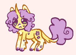 Size: 481x351 | Tagged: safe, alternate version, artist:junniepiepoopop, sunshine petals, pony, unicorn, g4, :<, alternate design, alternate hairstyle, alternate tailstyle, background pony, chest fluff, chibi, cloven hooves, coat markings, colored chest fluff, colored eartips, colored hooves, colored tailtip, crying, curly mane, curly tail, curved horn, facial markings, frown, green eyes, hock fluff, hooves, horn, leonine tail, pink background, purple hooves, purple mane, purple tail, requested art, scar, self harm, self harm scars, simple background, snip (coat marking), socks (coat markings), standing, sweat, tail, tail fluff, thin, two toned ears, unicorn horn, yellow coat