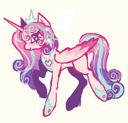 Size: 422x405 | Tagged: safe, artist:junniepiepoopop, gameloft, princess flurry heart, alicorn, pony, g4, blank flank, blushing, colored wings, colored wingtips, concave belly, crown, curly mane, curly tail, ear fluff, eyelashes, female, folded wings, gameloft interpretation, hoof shoes, horn, jewelry, long horn, long legs, long mane, long tail, looking back, mare, multicolored mane, multicolored tail, off-white background, older, older flurry heart, peytral, pink coat, pink wingtips, pixel-crisp art, princess shoes, profile, purple eyelashes, raised hoof, raised leg, regalia, simple background, slender, smiling, solo, standing on two hooves, striped mane, striped tail, tail, thin, thin legs, three toned wings, tiara, white background, wings