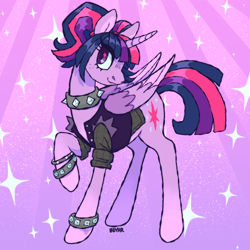 Size: 1000x1000 | Tagged: safe, artist:beyhr, gameloft, twilight sparkle, alicorn, pony, g4, my little pony: magic princess, bangs, clothes, collar, colored pinnae, colored wings, colored wingtips, cutie mark eyes, eye clipping through hair, eyelashes, female, folded wings, freckles, gameloft interpretation, gradient background, hair tie, heart, heart mark, horn, jacket, long legs, looking back, mare, ponytail, profile, purple coat, purple eyes, purple wingtips, raised hoof, rockstar sparkle, shiny mane, shiny tail, signature, smiling, solo, sparkles, sparkly background, spiked collar, spiked wristband, standing on three hooves, straight mane, straight tail, sunburst background, three toned wings, tied mane, twilight sparkle (alicorn), unicorn horn, wingding eyes, wings, wristband