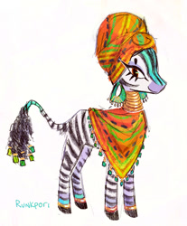 Size: 702x846 | Tagged: safe, artist:lutraviolet, zecora, zebra, g4, 2022, african, alternate coat color, alternate design, alternate eye color, ankara shawl, bangles, clothes, coat markings, colored muzzle, ear piercing, earring, eye clipping through hair, facial markings, female, headdress, hooped earrings, jewelry, leg markings, lidded eyes, looking at you, mare, neck rings, old art, orange eyes, piercing, profile, redesign, shawl, signature, simple background, smiling, solo, standing, tail, tail jewelry, tail markings, traditional clothing, white background, white coat