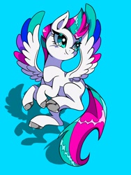 Size: 1200x1600 | Tagged: safe, artist:stacy_165cut, zipp storm, pegasus, pony, g5, big eyes, blue background, blush lines, blushing, colored hooves, colored wings, colored wingtips, eyelashes, female, flying, gray hooves, hooves, long tail, looking up, mare, missing cutie mark, mohawk, multicolored wings, saturated, shadow, shiny eyelashes, shiny hooves, shiny mane, shiny tail, simple background, smiling, solo, spiky mane, spread wings, tail, two toned mane, two toned tail, white coat, wingding eyes, wings