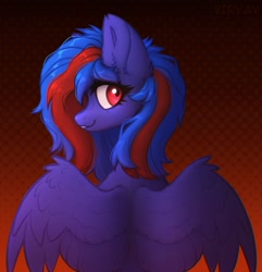 Size: 2454x2549 | Tagged: safe, artist:viryav, oc, oc only, oc:redline lightwing, pegasus, pony, blue body, blue hair, dark lighting, ear fluff, evil smile, female, gradient background, looking at you, mare, mare oc, polka dot background, red background, red eyes, smiling, solo, spread wings, striped hair, wings