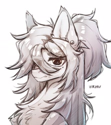 Size: 1912x2152 | Tagged: safe, artist:viryav, oc, oc only, pony, chest fluff, ear fluff, ear piercing, earring, embarrassed, facial markings, fluffy, gray body, grey hair, jewelry, long hair, male, piercing, scar, shiny mane, signature, simple background, sketch, solo, white background