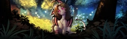 Size: 1199x376 | Tagged: safe, artist:viryav, oc, oc only, oc:tyutya, butterfly, demon, demon pony, pony, blushing, branches, brown hair, bush, chest fluff, clothes, colored pupils, colorful, complex background, devil tail, eye clipping through hair, eyebrows, eyebrows visible through hair, facial markings, female, flower, fluffy, forest, full body, grass, gray eyes, horns, leaves, long hair, looking at you, mare, mare oc, nature, pink pupils, question mark, shiny mane, signature, slender, solo, sticks, stockings, sun rays, tail, thigh highs, thin, tree, white body