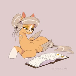 Size: 2000x2000 | Tagged: safe, artist:unichromacorn, oc, oc only, oc:gilded filigree, pegasus, pony, book, coat markings, colored pinnae, colored wings, colored wingtips, facial markings, female, glasses, grey hair, lidded eyes, lying down, mare, mare oc, open book, orange coat, pegasus oc, prone, reading, reading a book, socks (coat markings), solo, star (coat marking), stripe (coat marking), tail, two toned mane, two toned tail, two toned wings, wings