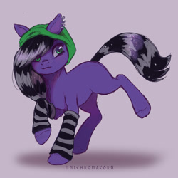 Size: 2000x2000 | Tagged: safe, artist:unichromacorn, oc, oc only, earth pony, pony, arm warmers, clothes, coontails, earth pony oc, female, full body, hat, leg warmers, mare, mare oc, purple coat, raised hoof, raised hooves, solo, striped hair, striped leg warmers, striped tail, tail