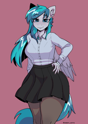 Size: 2480x3508 | Tagged: safe, artist:cherry_kotya, oc, oc:vinyl dask, pegasus, pony, anthro, clothes, looking at you, pantyhose, shirt, skirt, tights, wings