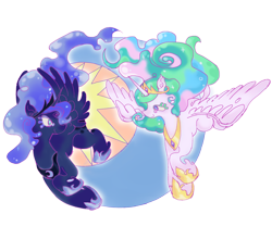 Size: 2372x2088 | Tagged: safe, artist:saskaw, princess celestia, princess luna, alicorn, pony, g4, duo, duo female, female, flying, looking at each other, looking at someone, mare, royal sisters, siblings, simple background, sisters, smiling, smiling at each other, spread wings, transparent background, wings