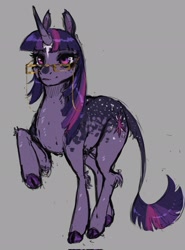 Size: 1517x2048 | Tagged: safe, artist:unichromacorn, twilight sparkle, pony, unicorn, g4, alternate design, cloven hooves, female, glasses, gray background, horn, leg fluff, leonine tail, mare, purple coat, raised hoof, simple background, sketch, solo, tail, unicorn twilight