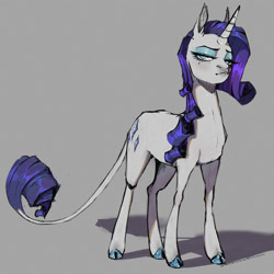 Size: 1500x1500 | Tagged: safe, artist:unichromacorn, rarity, pony, unicorn, g4, blue hooves, cloven hooves, female, full body, gray background, horn, leonine tail, mare, purple mane, purple tail, simple background, solo, tail, white coat