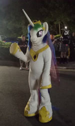 Size: 1492x2488 | Tagged: safe, artist:atalonthedeer, princess celestia, alicorn, human, g4, 2023, clothes, comic con, convention, cosplay, costume, dublin comic con, dublin comic con 2023, female, fursuit, irl, irl human, jewelry, night, photo, ponysuit, regalia, solo focus