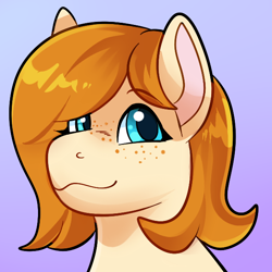 Size: 600x600 | Tagged: safe, artist:rindeadsong, oc, oc only, oc:copper moon, earth pony, pony, bust, eyebrows, eyebrows visible through hair, freckles, gradient background, portrait, smiling, solo