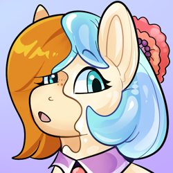 Size: 600x600 | Tagged: safe, artist:rindeadsong, coco pommel, oc, oc:copper moon, earth pony, inflatable pony, pony, g4, character to character, eyebrows, eyebrows visible through hair, gradient background, inflatable, mid-transformation, open mouth, rubber, shiny, solo, surprised, transformation