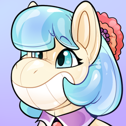 Size: 600x600 | Tagged: safe, artist:rindeadsong, coco pommel, oc, oc:copper moon, earth pony, inflatable pony, pony, g4, bean mouth, bust, eyebrows, eyebrows visible through hair, forced smile, gradient background, grin, inflatable, portrait, rubber, seams, shiny, smiling, solo, transformation, transformation sequence