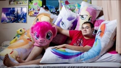 Size: 1280x720 | Tagged: artist needed, safe, applejack, fluttershy, pinkie pie, rainbow dash, rarity, alicorn, earth pony, human, pegasus, pony, unicorn, g4, bed, body pillow, disembodied head, fursuit head, horn, irl, irl human, photo, ponysuit, poster