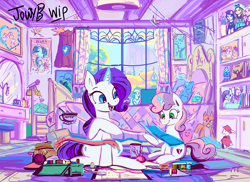 Size: 4749x3461 | Tagged: safe, artist:jowyb, rarity, sweetie belle, pony, unicorn, g4, absurd resolution, bed, bedroom, belle sisters, cape, clothes, cmc cape, cup, duo, duo female, fabric, female, filly, foal, glowing, glowing horn, horn, levitation, magic, mare, microphone, mirror, mug, open mouth, open smile, scissors, sewing needle, siblings, sisters, sitting, smiling, teacup, telekinesis, thread, window, wip