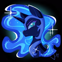 Size: 2048x2048 | Tagged: safe, artist:co306012, nightmare moon, alicorn, pony, g4, abstract background, aside glance, bust, eyebrows, female, frown, helmet, high res, looking at you, mare, peytral, portrait, signature, solo