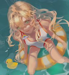 Size: 2480x2700 | Tagged: safe, artist:yuyuyu69106, applejack, human, g4, clothes, floaty, humanized, one-piece swimsuit, pool toy, rubber duck, solo, swimsuit, water