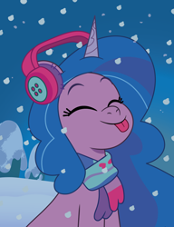 Size: 1096x1430 | Tagged: safe, artist:prixy05, izzy moonbow, pony, unicorn, g5, my little pony: tell your tale, clothes, cute, earmuffs, eyes closed, female, horn, izzybetes, mare, scarf, snow, snowfall, solo, tongue out