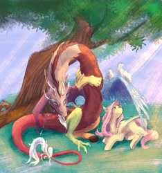 Size: 2807x3000 | Tagged: safe, artist:gull marine, discord, fluttershy, bird, draconequus, pegasus, pony, g4, crepuscular rays, duo, duo male and female, female, lying down, male, mare, prone, ship:discoshy, shipping, straight, tree