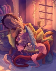 Size: 2701x3437 | Tagged: safe, artist:gull marine, discord, fluttershy, draconequus, pegasus, pony, g4, book, bookshelf, couch, duo, duo male and female, female, lying down, male, mare, pillow, plant pot, potted plant, ship:discoshy, shipping, sleeping, straight, window