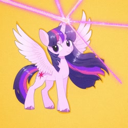 Size: 1620x1620 | Tagged: safe, artist:mink, twilight sparkle, alicorn, pony, g4, female, mare, simple background, smiling, solo, spread wings, twilight sparkle (alicorn), unshorn fetlocks, wings, yellow background