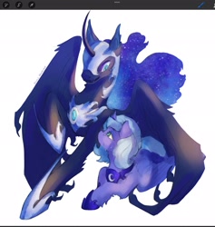 Size: 1944x2048 | Tagged: safe, artist:gull marine, nightmare moon, princess luna, alicorn, pony, g4, crying, curved horn, duo, female, helmet, hoof shoes, horn, jewelry, male, mare, peytral, regalia, simple background, white background