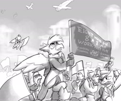 Size: 3000x2500 | Tagged: safe, artist:captainhoers, oc, oc only, oc:gráinne ní bhroin, deergriff, griffon, pegasus, pony, crowd, flag, grayscale, labor strike, monochrome