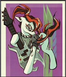 Size: 1894x2215 | Tagged: safe, artist:qianhe498, oc, oc only, demon, demon pony, pony, clothes, ear piercing, earring, electric guitar, female, fishnet clothing, guitar, hoof hold, jacket, jewelry, leather, leather jacket, mare, musical instrument, piercing, solo