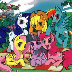 Size: 1920x1920 | Tagged: safe, artist:qianhe498, applejack, fluttershy, pinkie pie, rainbow dash, rarity, twilight sparkle, alicorn, earth pony, pegasus, pony, unicorn, g4, female, horn, lying down, mane six, mare, picnic blanket, prone, twilight sparkle (alicorn)